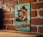 a picture of a woman sitting on a table next to a brick wall