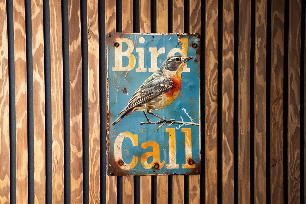 a bird is sitting on a sign on a wall