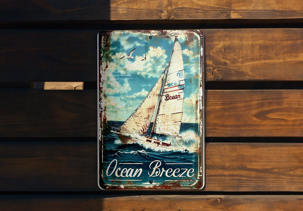 a metal sign with a sailboat on it