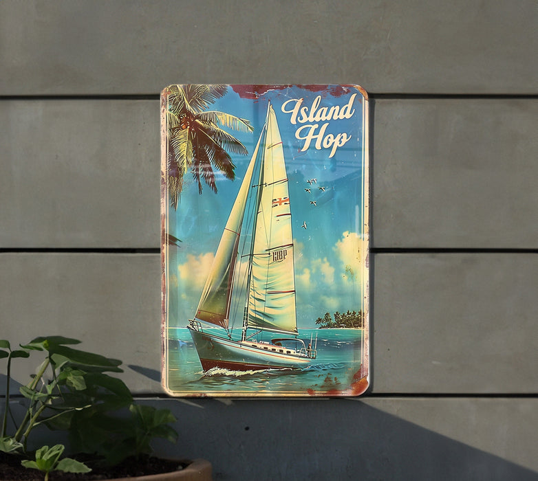 a metal sign with a picture of a sailboat