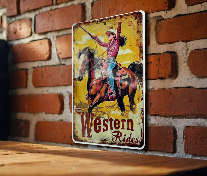 a western rides sign mounted on a brick wall