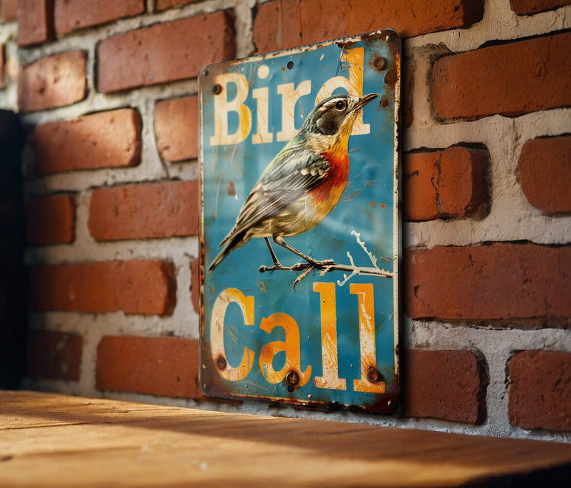 a bird is sitting on a sign on a brick wall
