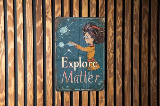 a sign on a wooden wall that says explore matter