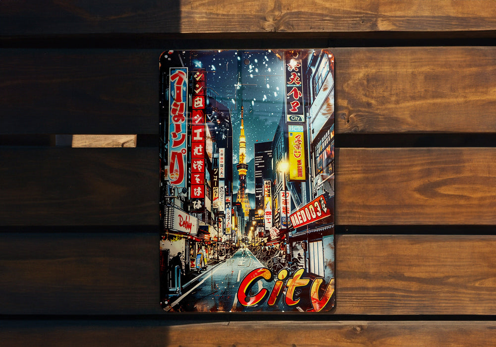 a picture of a city on a wooden bench