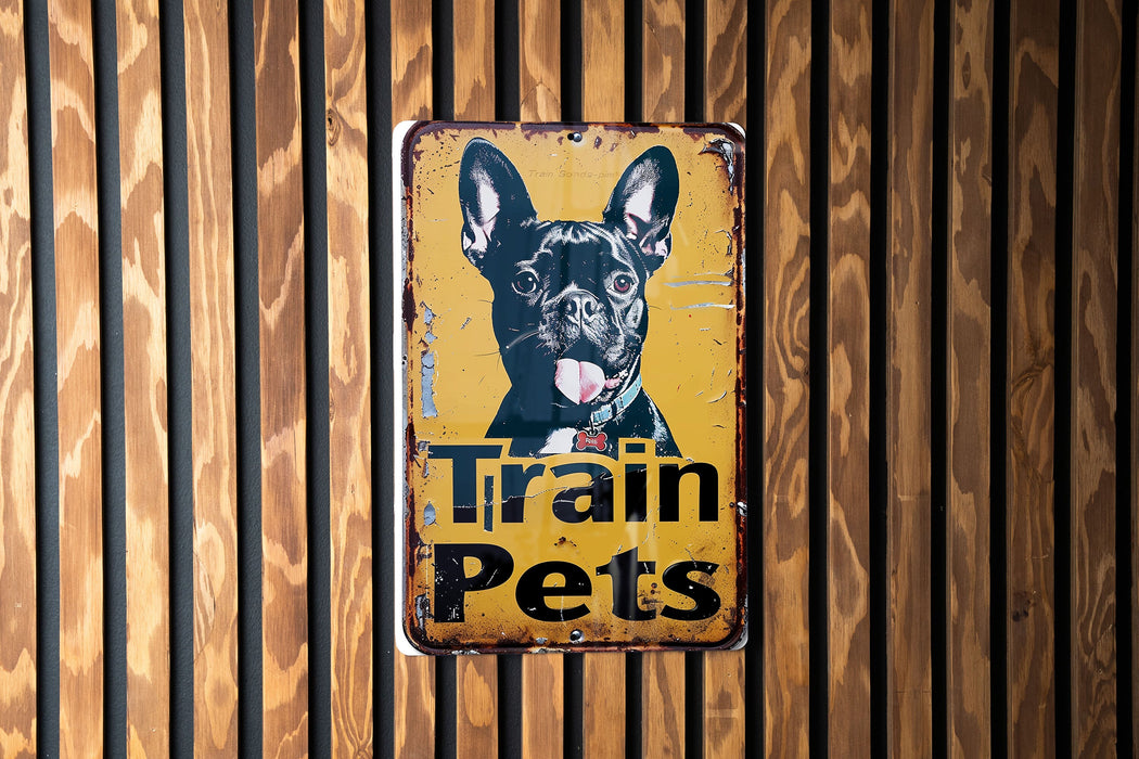 a sign on a wooden wall that says train pets