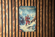 a picture of a man on a snowboard on a wooden wall