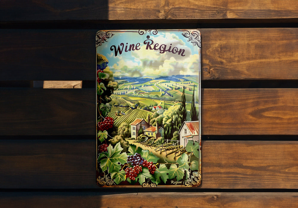 a wooden bench with a wine sign on it