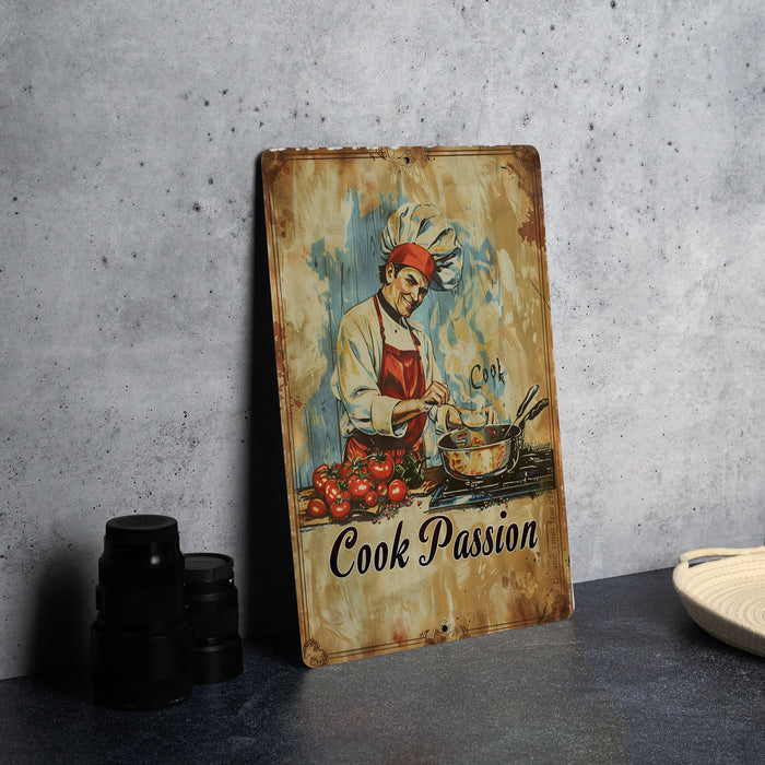 a painting of a cook cooking on a wooden sign