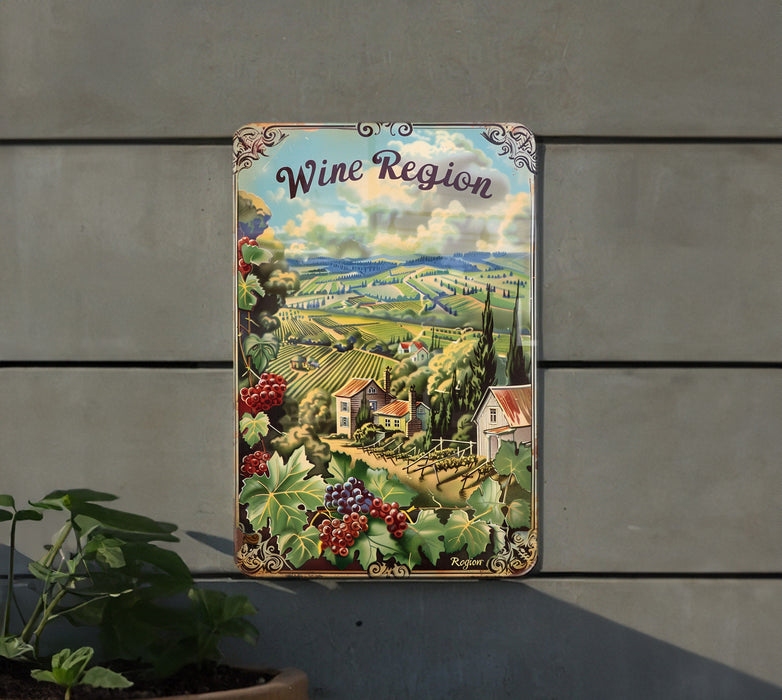a sign on the side of a building that says wine region
