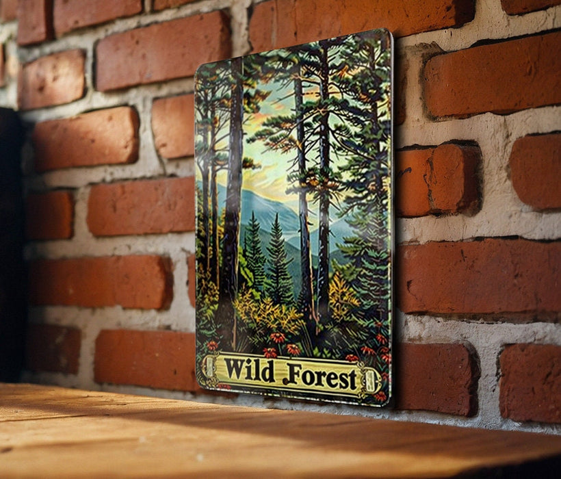 a picture of a forest is hanging on a brick wall