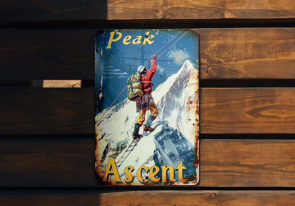 a sign on a wooden wall that says peak ascent