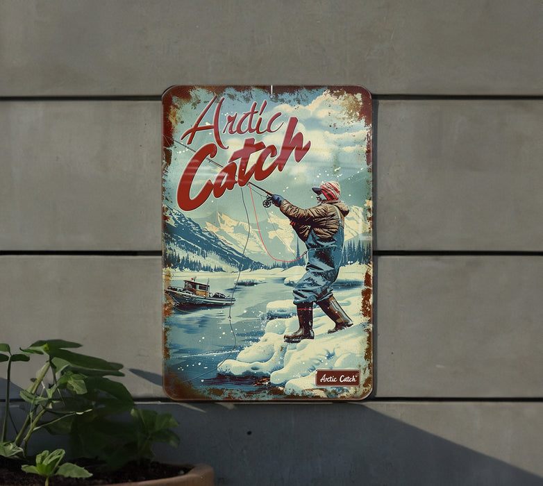 a metal sign with a man fishing on it