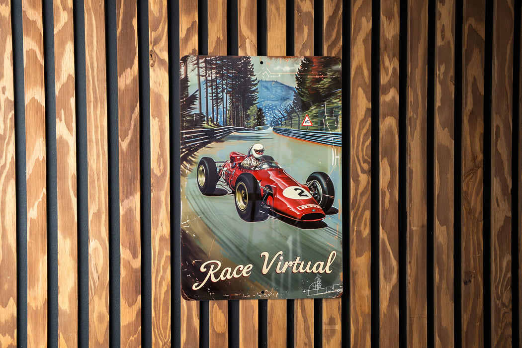 a poster of a racing car on a wooden wall