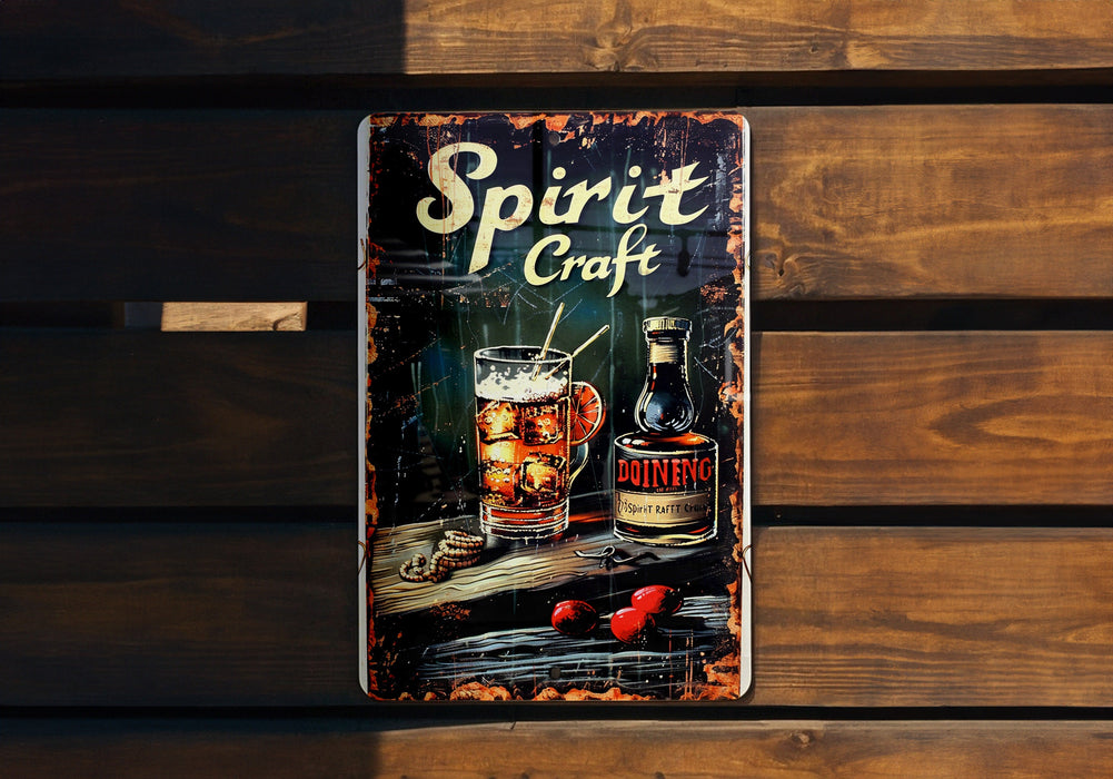 a metal sign with a picture of a bottle of spirit craft