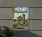 a metal sign with a picture of a castle on it
