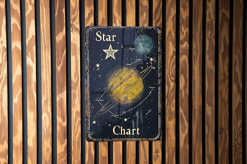 a wooden wall with a sign that says star chart on it