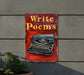 a red sign with an old typewriter on it