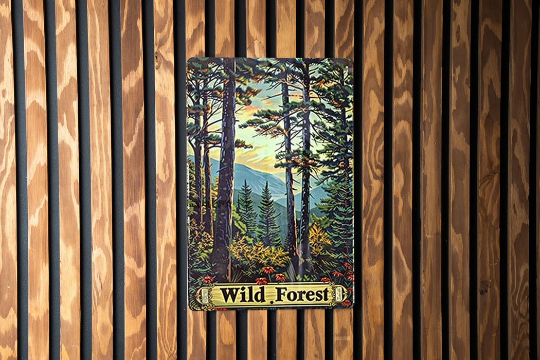 a picture of a forest on a wooden wall