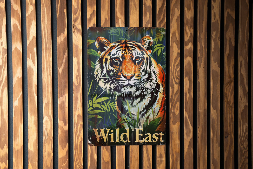 a painting of a tiger on a wooden wall