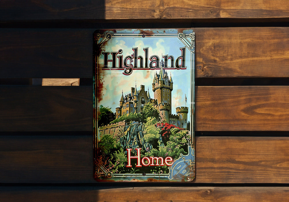 a sign on a wooden bench that says highland home