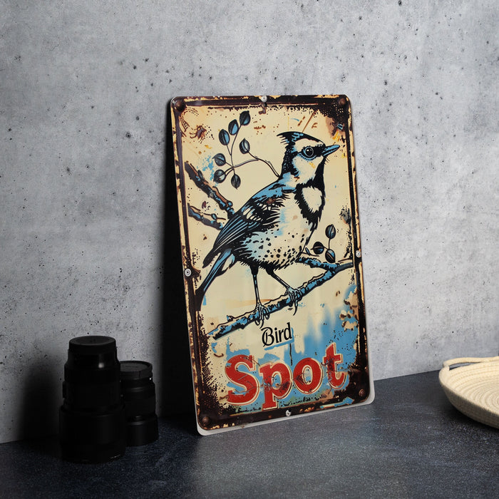 a metal sign with a bird sitting on a branch