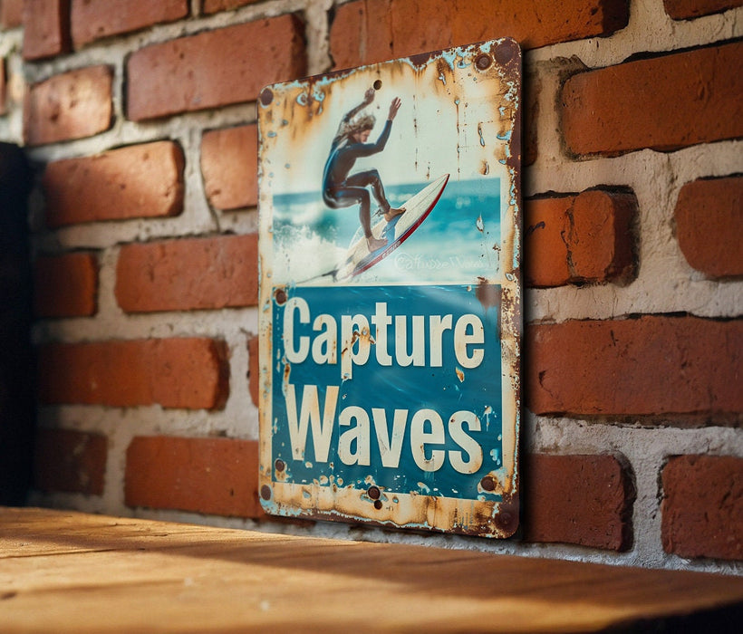a sign on a brick wall that says capture waves