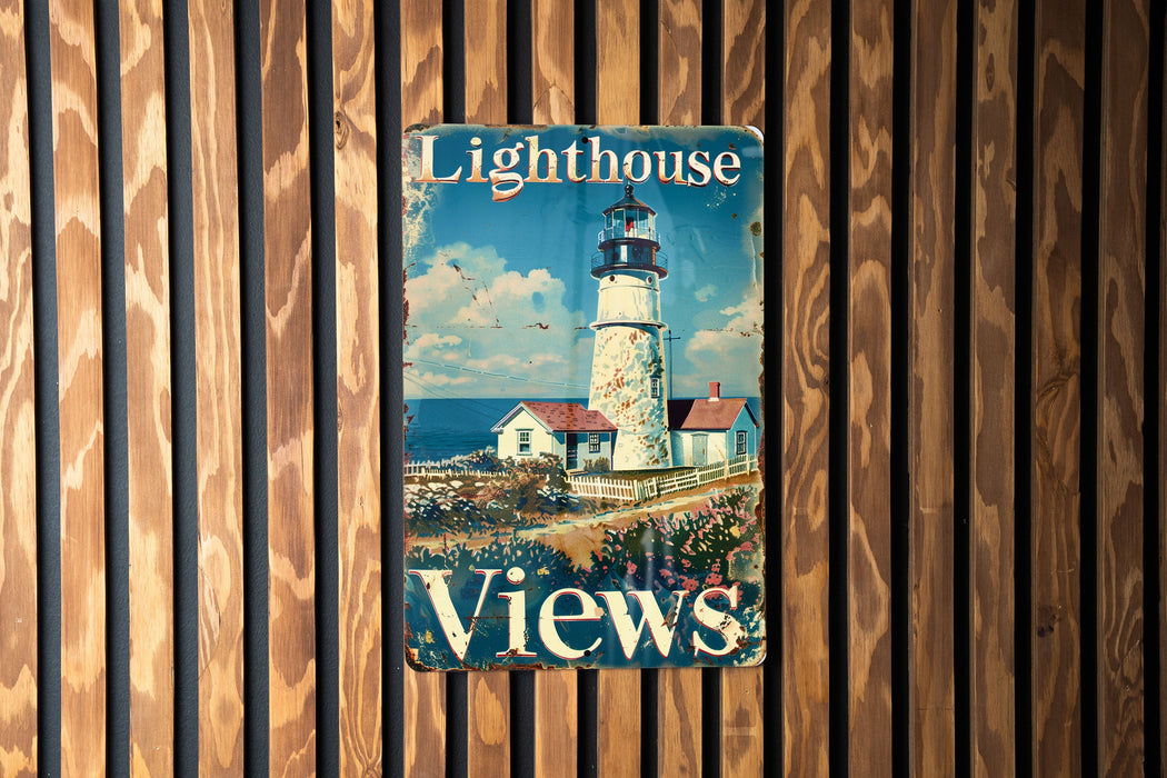 a poster of a lighthouse on a wooden wall