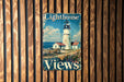 a poster of a lighthouse on a wooden wall