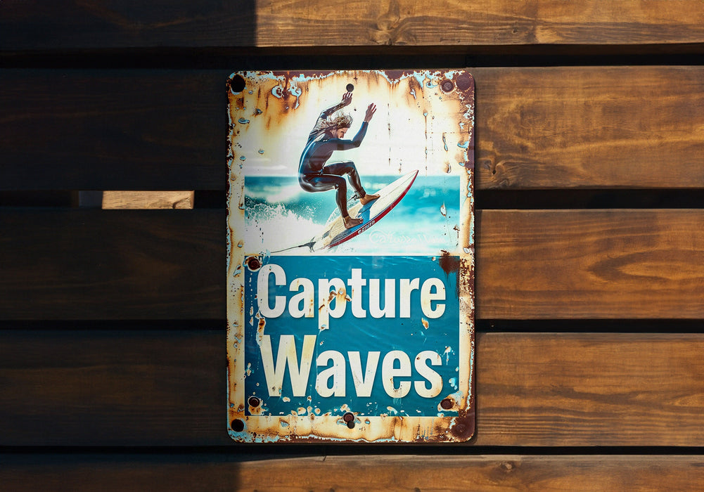 a sign on a wooden wall that says capture waves
