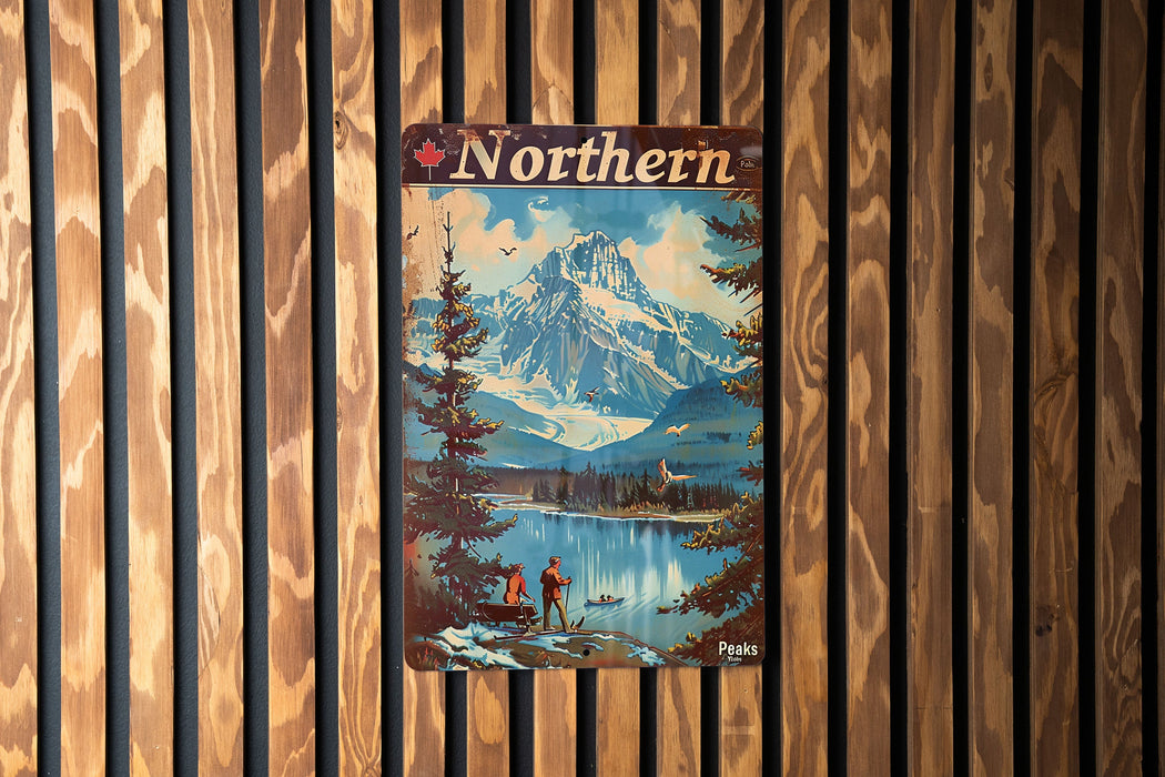 a painting of a mountain scene on a wooden wall