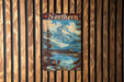 a painting of a mountain scene on a wooden wall