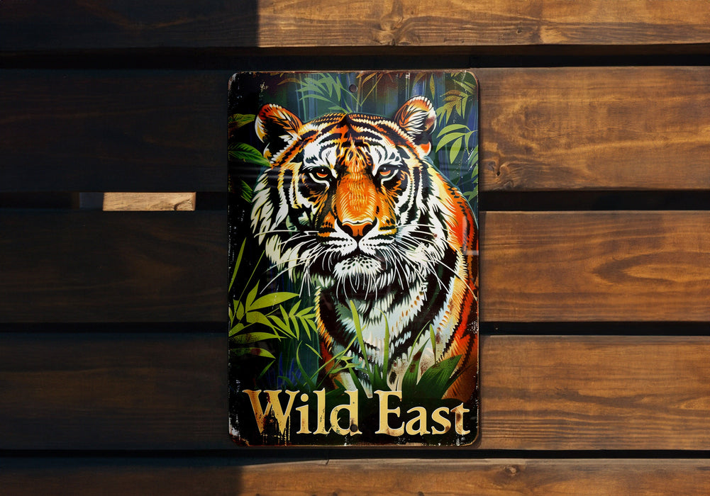 a picture of a tiger on a wooden bench