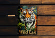 a picture of a tiger on a wooden bench