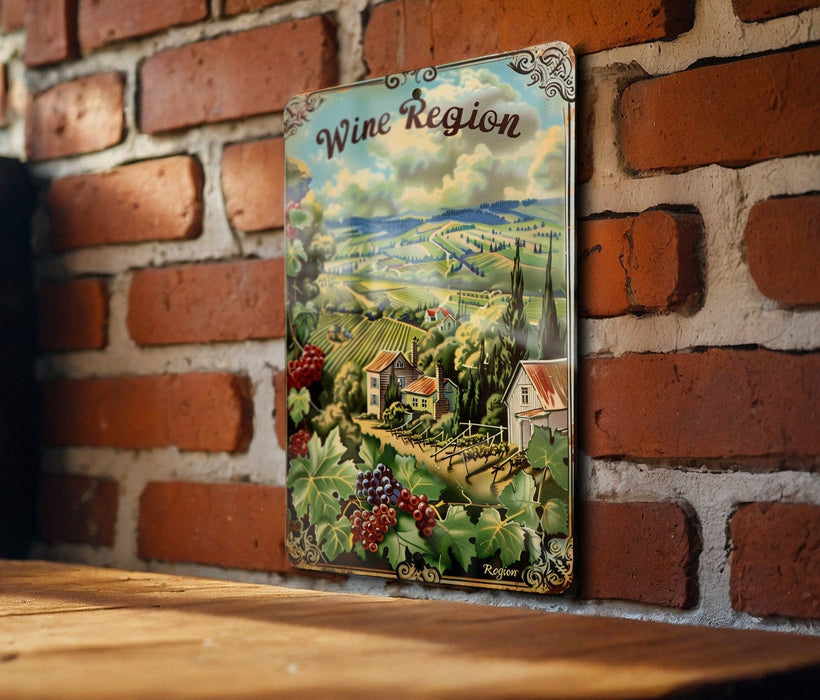 a picture of a wine region hanging on a brick wall