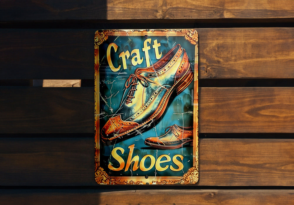 a sign on a wooden bench that says craft shoes