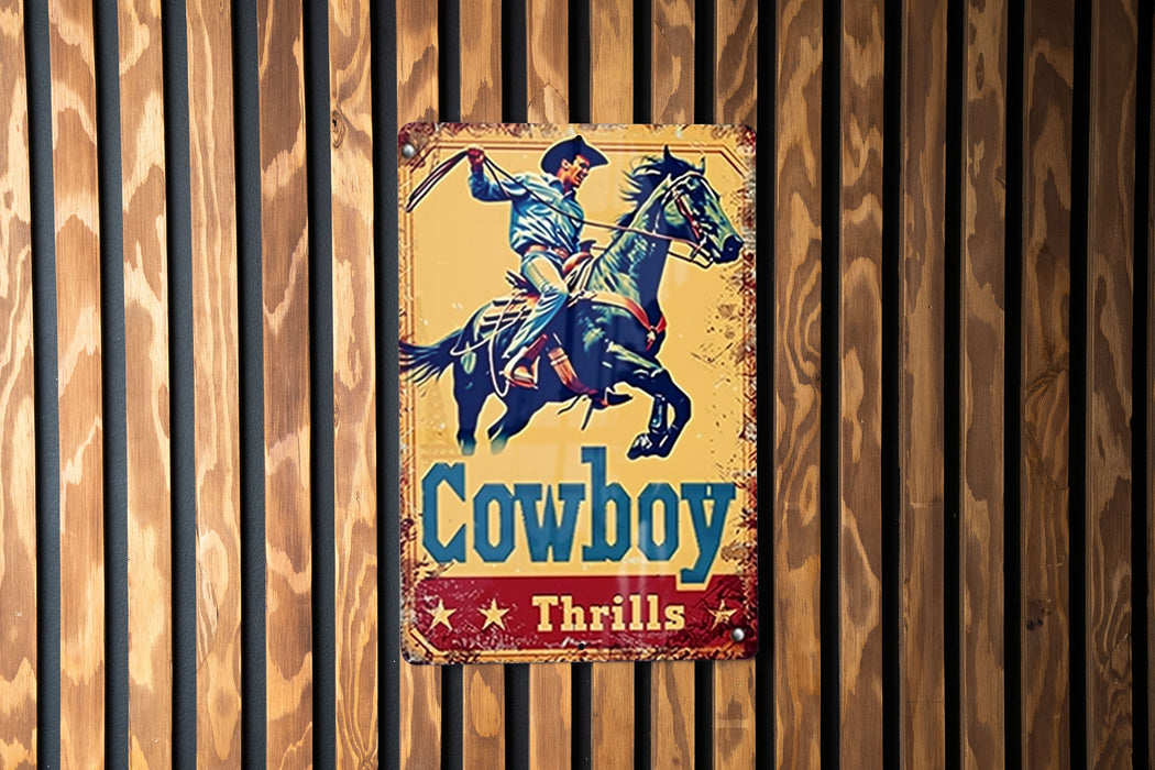 a cowboy sign mounted to the side of a wooden wall