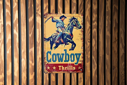 a cowboy sign mounted to the side of a wooden wall