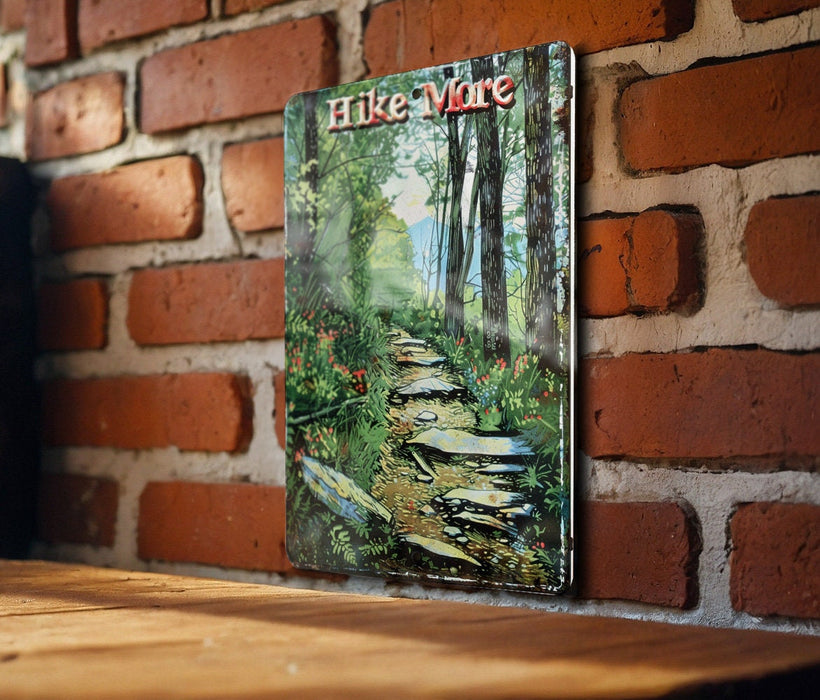 a wooden table sitting next to a brick wall