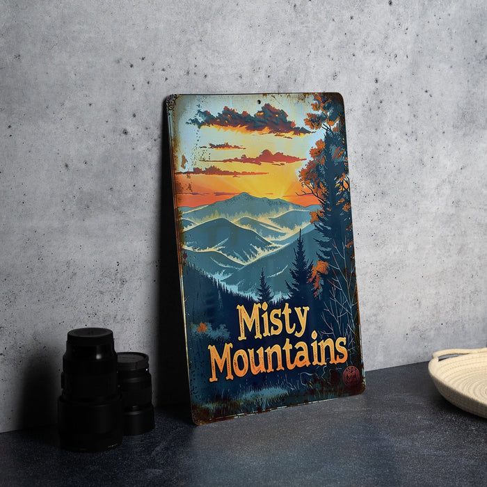 a metal sign that says misty mountains on it
