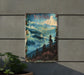 a picture of a mountain scene on a metal sign
