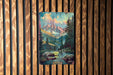 a painting of a mountain scene on a wooden wall