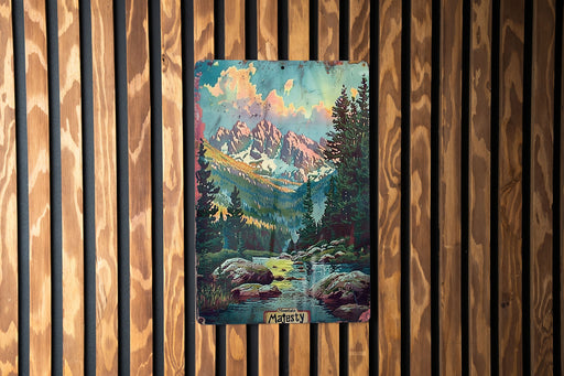 a painting of a mountain scene on a wooden wall