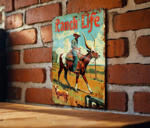 a picture of a cowboy riding a bucking bronco on a brick wall