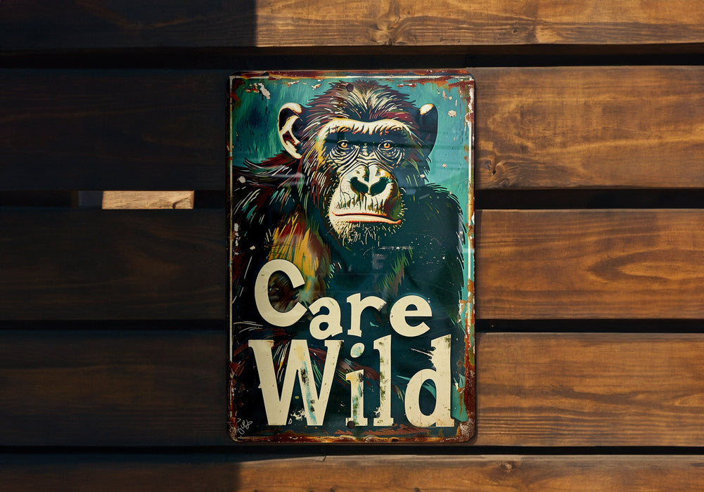a sign on a wooden wall that says care wild
