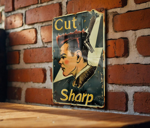 a sign on a brick wall that says cut sharp