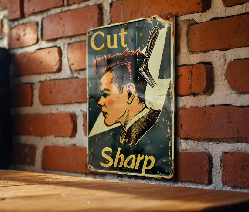 a sign on a brick wall that says cut sharp
