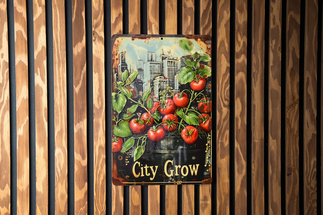 a sign on a wooden wall that says city grow