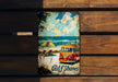 a picture of a bus on a wooden bench