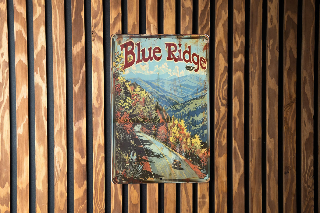 a blue ridge sign hanging on a wooden wall