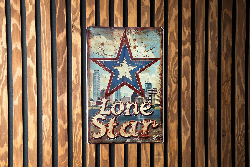 a lone star sign on a wooden wall